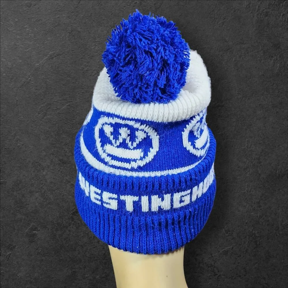 Vintage Westinghouse Pom Beanie Blue White Logo Knit Hat 70s 80s Rare Promo